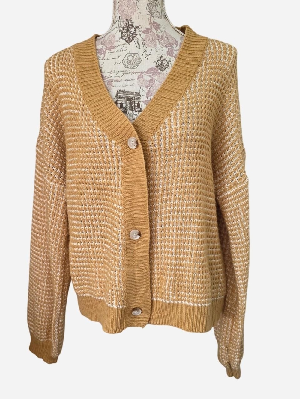 Tan Two-Tone V-Neck Button Cardigan Sweater